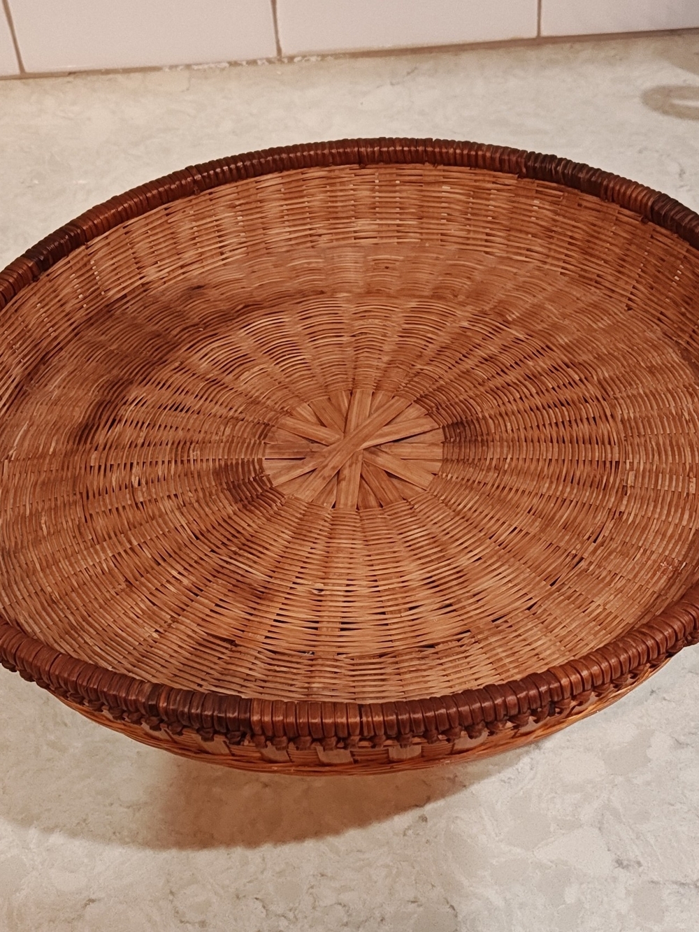 Vintage Wicker Rattan Woven Pedestal Gathering Basket / Boho / Farmhouse